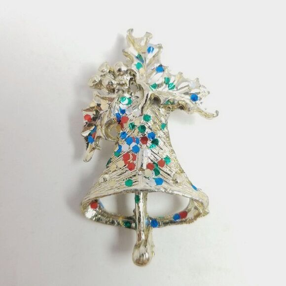Vintage Holiday Bell Brooch, Silver Tone with Colorful Glittter, Chistmas Pin - Picture 1 of 5